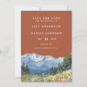 Terrakotta-Aquarell-Berg-Wildblumen-Hochzeit Save The Date