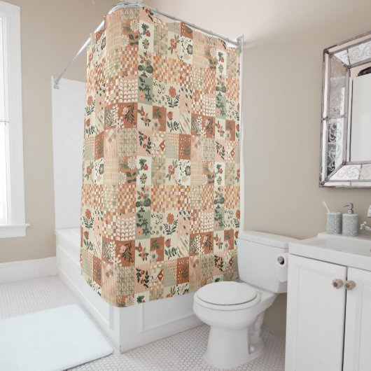 Terrakotta Beige Patchwork-Quilt Rustikale Blumenm Duschvorhang (Beispiel)