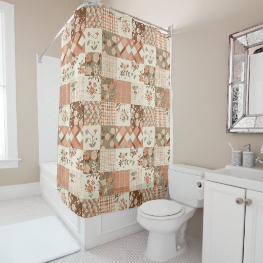 Terrakotta Beige Patchwork-Quilt Rustikale Blumenm Duschvorhang (Beispiel)