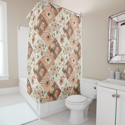 Terrakotta Beige Patchwork-Quilt Rustikale Blumenm Duschvorhang (Beispiel)