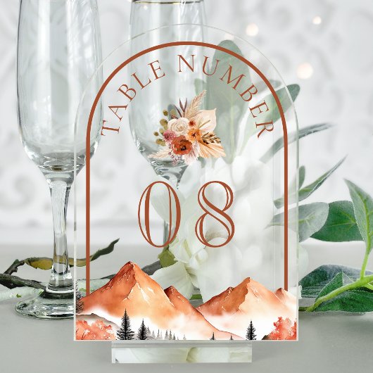 Terrakotta-Berg-Hochzeit Acryl-Tischnummer Acryleinladungen