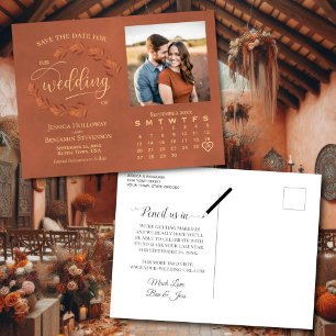 Terrakotta-Blätter Foto-Kalender Hochzeit Save the Ankündigungspostkarte