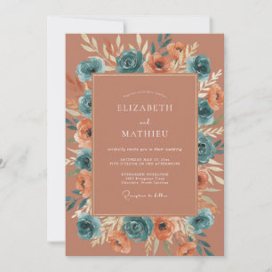 Terrakotta Blaue Florale Romanze Hochzeit Einladung