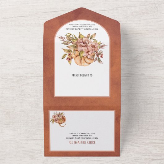 Terrakotta-Blume und Kürbiser-Hochzeit im Herbst All In One Einladung (Außenbereich)