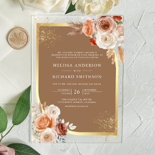 Terrakotta Blumen Beige Gold Hochzeit Acryleinladungen