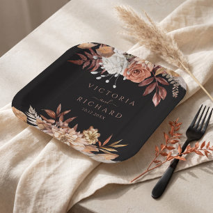 Terrakotta-Blumen Boho-Herbstlaub Schwarze Hochzei Pappteller