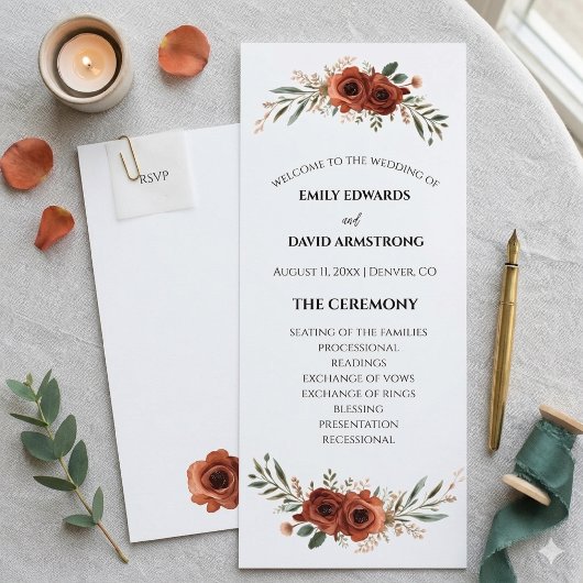 Terrakotta-Blumen-Boho-Hochzeitsprogramm mit düste