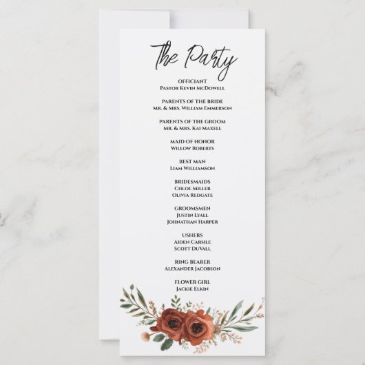 Terrakotta-Blumen-Boho-Hochzeitsprogramm mit düste (Rückseite)