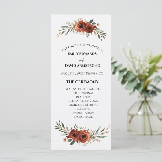 Terrakotta-Blumen-Boho-Hochzeitsprogramm mit düste (Stehend Vorderseite)