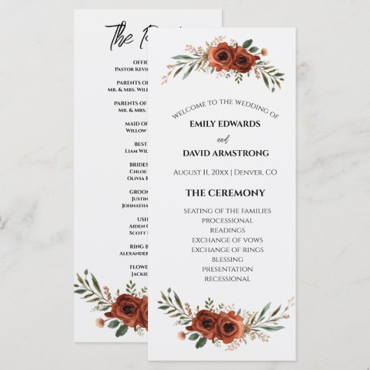 Terrakotta-Blumen-Boho-Hochzeitsprogramm mit düste (Vorne/Hinten)