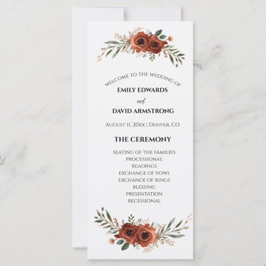Terrakotta-Blumen-Boho-Hochzeitsprogramm mit düste (Vorderseite)