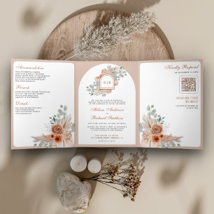 Terrakotta-Blumen-Boho-Pampas-QR-Code-Hochzeit Dreifach Gefaltete Einladung