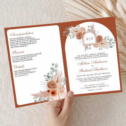 Terrakotta-Blumen Boho-Pampas-QR-Code-Hochzeit Einladung