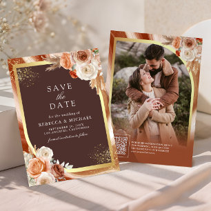Terrakotta Blumen Espresso Braun QR Code Hochzeit Save The Date
