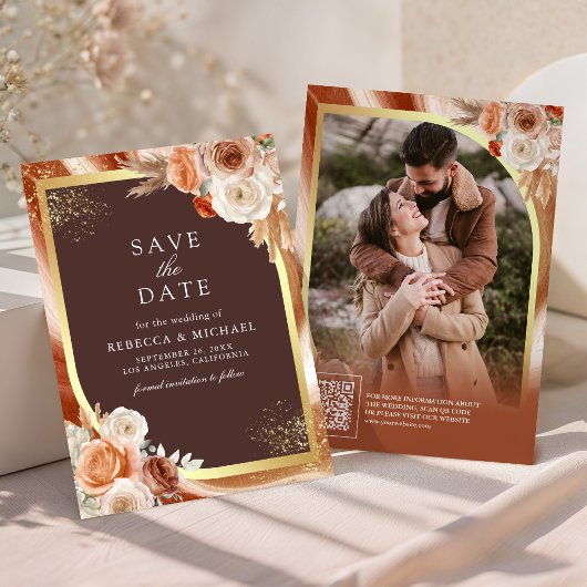 Terrakotta Blumen Espresso Braun QR Code Hochzeit Save The Date