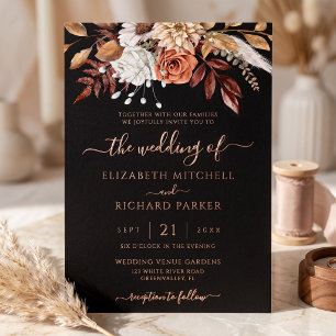 Terrakotta-Blumen fallen schwarz Hochzeit Rose Gol Folieneinladung