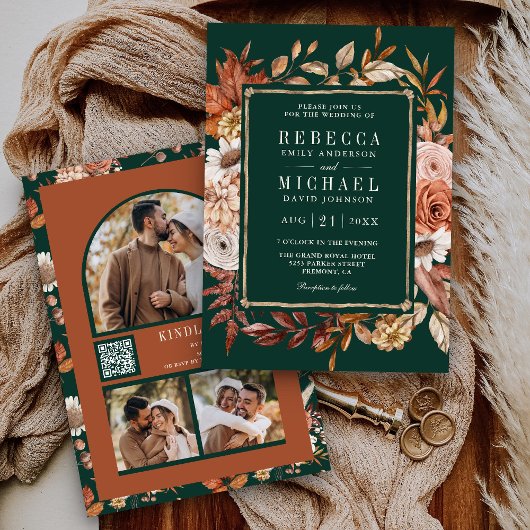 Terrakotta-Blumen-Foto-QR-Code-Smaragd-Hochzeit Einladung