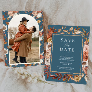 Terrakotta Blumen Foto Staubblau Hochzeit Save The Date