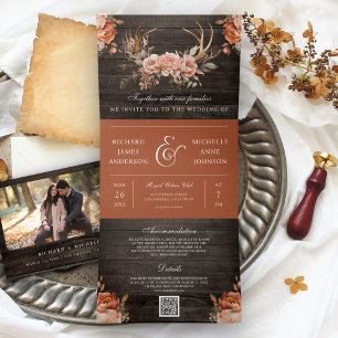 Terrakotta-Blumen-Geweih-Holz-QR-Code-Hochzeit Dreifach Gefaltete Einladung