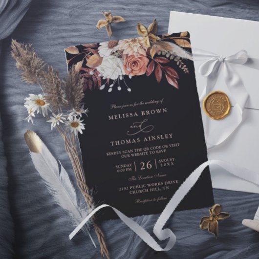 Terrakotta-Blumen-Herbstlaub-QR-Code-Hochzeit Einladung