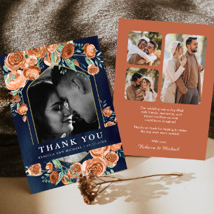 Terrakotta-Blumen-Hochzeit in Marineblau Fotocolla Dankeskarte