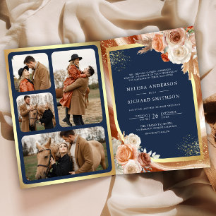 Terrakotta-Blumen-Hochzeit Pampas Gold Navy Blau Einladung