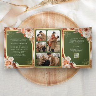 Terrakotta-Blumen-Hochzeit Pampas Gold Olivgrün Dreifach Gefaltete Einladung
