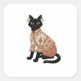 Terrakotta-Blumen-Katzen-Volksstickerei-Aufkleber Quadratischer Aufkleber