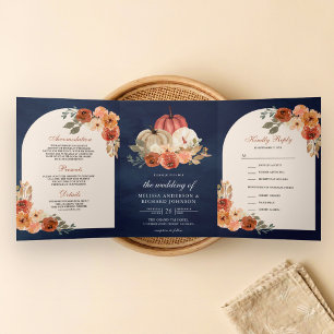 Terrakotta-Blumen-Kürbis Navy Blau Hochzeit Dreifach Gefaltete Einladung