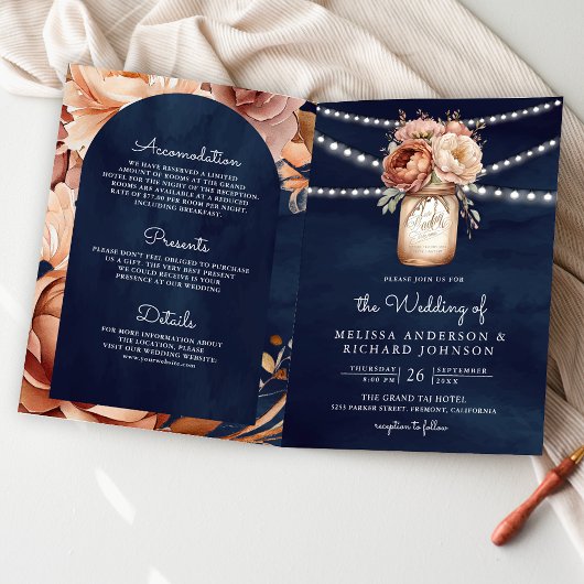 Terrakotta-Blumen-Mason-Glas Navy QR-Code-Hochzeit Einladung