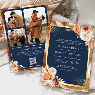Terrakotta Blumen Navy Blau Foto QR Code Hochzeit Einladung