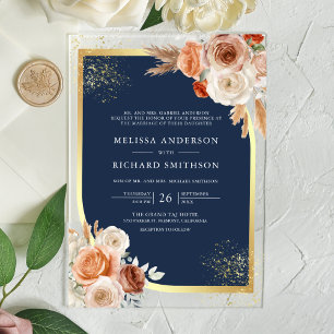 Terrakotta Blumen Navy Blau Gold Hochzeit Acryleinladungen