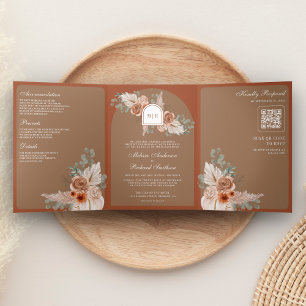 Terrakotta-Blumen-Pampas-Beige-Tan-QR-Code-Hochzei Dreifach Gefaltete Einladung