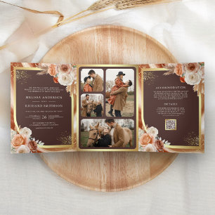 Terrakotta-Blumen-Pampas-Espresso-Braune-Hochzeit Dreifach Gefaltete Einladung