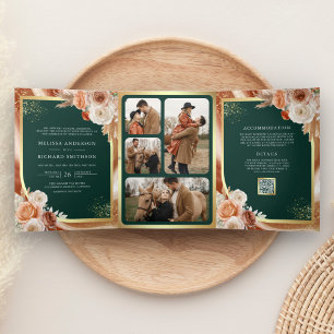 Terrakotta-Blumen-Pampas-Gold-Smaragd-Hochzeit Dreifach Gefaltete Einladung