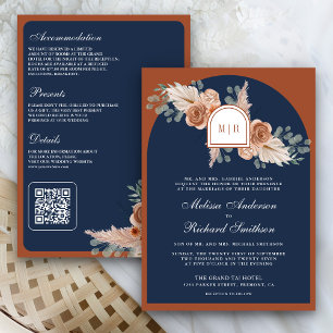 Terrakotta Blumen Pampas Navy Blau QR Code Hochzei Einladung