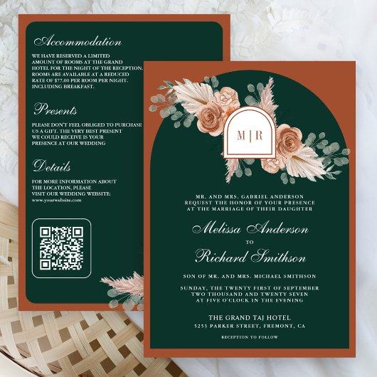 Terrakotta-Blumen-Pampas-Smaragd-QR-Code-Hochzeit Einladung