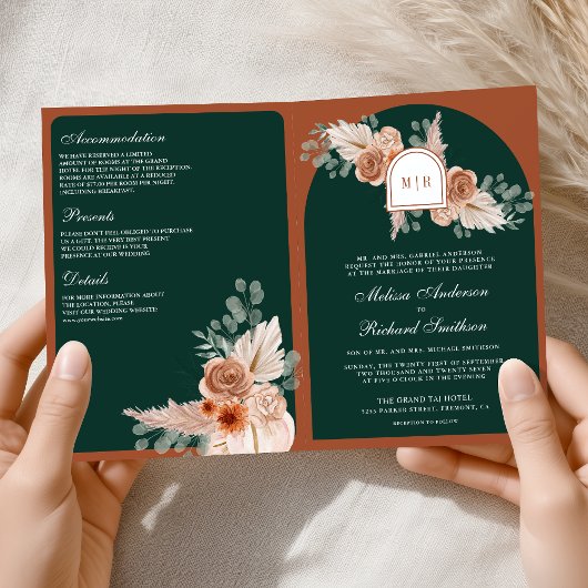 Terrakotta-Blumen-Pampas-Smaragd-QR-Code-Hochzeit Einladung