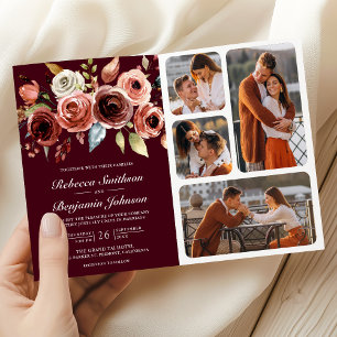 Terrakotta-Blumen-QR-Code-Bordeaux-Hochzeit Einladung
