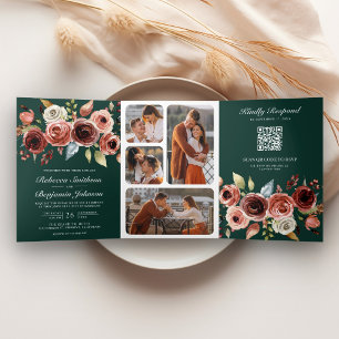 Terrakotta Blumen QR Code Smaragdgrüne Hochzeit Dreifach Gefaltete Einladung