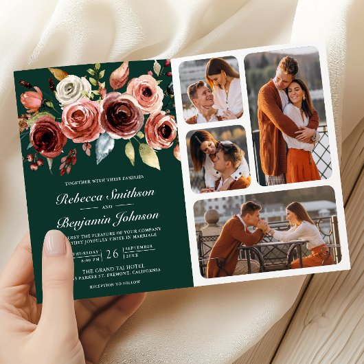 Terrakotta Blumen QR Code Smaragdgrüne Hochzeit Einladung