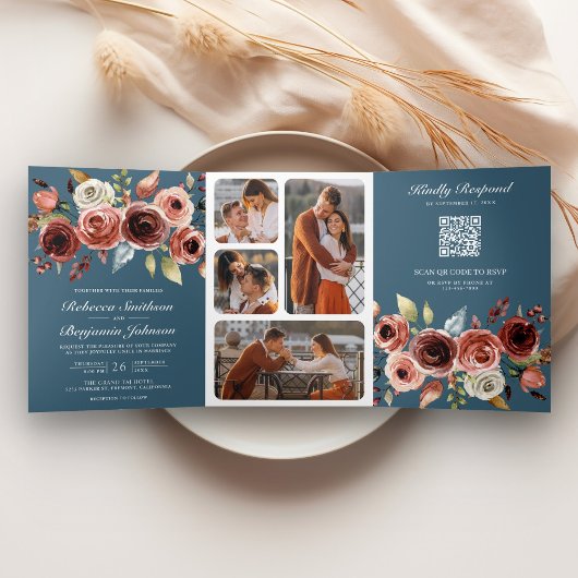 Terrakotta-Blumen-QR-Code-Staubblau-Hochzeit Dreifach Gefaltete Einladung