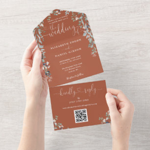 Terrakotta-Blumen-Script-Herzen QR-Code-Hochzeit All In One Einladung
