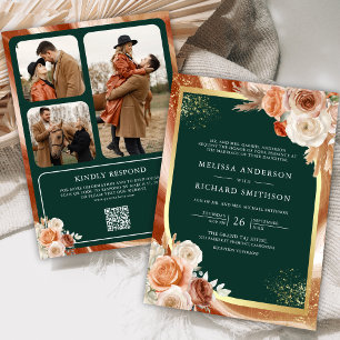 Terrakotta Blumen Smaragd Foto QR Code Hochzeit Einladung