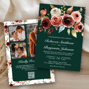 Terrakotta Blumen Smaragdgrün QR-Code Hochzeit Einladung