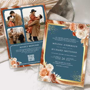Terrakotta Blumen Staubblau Foto QR-Code Hochzeit Einladung