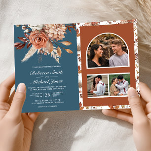 Terrakotta Blumen Staubblau QR Code Hochzeit Einladung