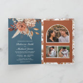 Terrakotta Blumen Staubblau QR Code Hochzeit Einladung (Innenseite)