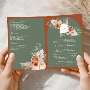 Terrakotta-Blumen-Weise Grün QR-Code Hochzeit Einladung