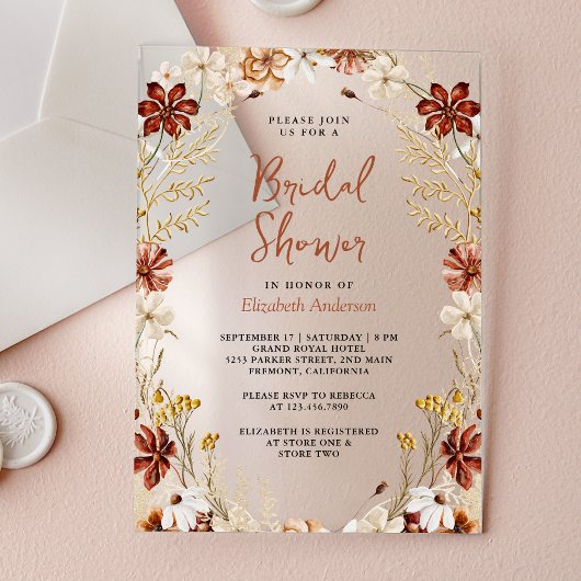 Terrakotta-Blumen-Wildblumen-Brautparty Acryleinladungen